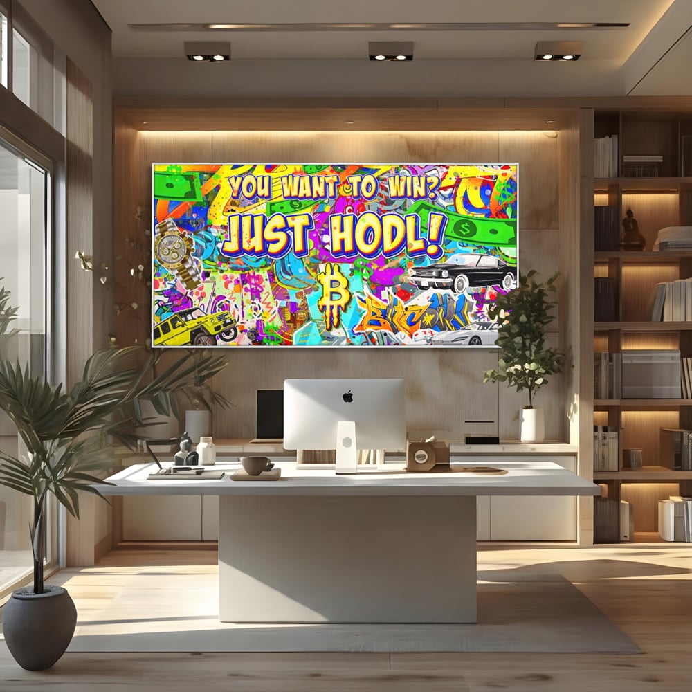 Tablou canvas cu tablou canvas cu graffiti si bitcoin, in rama de aluminiu argintiu, pe perete intr-un birou